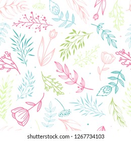 Lovely floral seamless pattern created from hand drawn leaves, flowers, herbs on white background, Perfect for festive backgrounds, wallpaper  and wrapping paper design. Vector illustration EPS 10