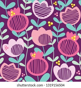 Lovely floral seamless pattern on a dark background. Vector illustration with abstract flowers.