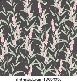 Lovely floral seamless pattern. Pink lavender flowers and leaves. Vector illustration. Dark background.