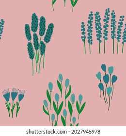 Lovely floral seamless pattern. Rustic wildflowers wallpaper on a pink background.