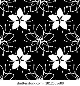 Lovely floral seamless pattern with simple flower. White on black background. Line illustration for textile, wrapping paper, fabric, greeting card, fashion. Vector monochrome backdrop with nature tune