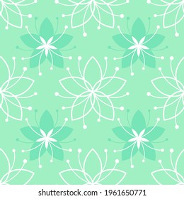 Lovely floral seamless pattern with simple flowers. Mint green and white background. Line illustration for textile, wrapping paper, fabric, greeting card, fashion. Vector backdrop with natural tune.