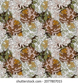 Lovely floral vector seamless pattern in autumn colors with gorgeous Japanese chrysanthemums for wallpaper, wrapping , fabric, textiles, scrapbooking.