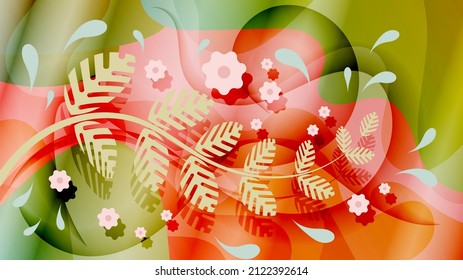 Lovely floral wallpaper in bright and colorful colors. Smooth branch with leaves, flowers of different sizes on a motley multicolored background. Vector. 