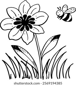 Lovely flower with flying bee vector 