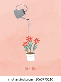 Lovely flower pot and watering can. Watering potted houseplant. Taking care of home garden. Caring for indoor plants. Invitation, Greeting card, Poster, Wallpaper. Textured vector illustration.