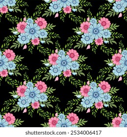 Lovely flower seamless pattern. With blue and pink color tone. Design for fabric, carpet, background, decorative, textile, wallpaper, wrapping paper, printing.