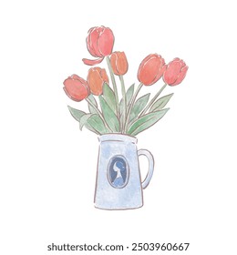 lovely flower vase, Realistic illustration of flowers tulips bouquet in a vase, pink flowers in light pot.vector watercolor illustration. 