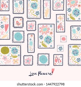 Lovely flowers in frames. Vector vintage card. Can be used in textile industry, paper, background, scrapbooking.
