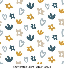 Lovely flowers on white background pattern. Floral scandinavian seamless print. Cute picture with hand drawn childish daisies.  Fabric ornament. Plant wallpaper for nursery. Botanical illustration.
