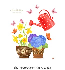 lovely flowers planted in ethnic flowerpots with a red can watering and flying butterflies for your design