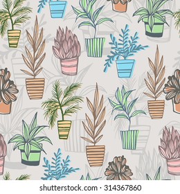 Lovely flowers in pot seamless pattern in bright  colors.