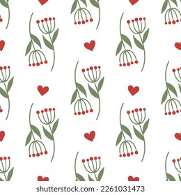 Lovely Flowers with red hearts. Floral seamless pattern. 