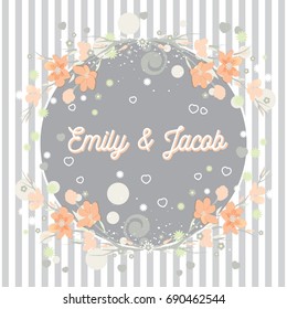 Lovely flowers vector design round card. Romantic frame in retro funky style. Pastel colors and gray striped background.