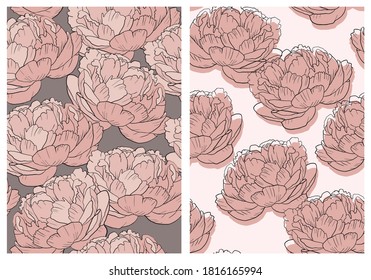 Impresión De Flores Agradables. Resumen De Patrones De Vectores Irregulares Florales Sin Marea. Mano dibuja a las personas en un fondo marrón y rosa claro. Diseño del jardín otoñal.