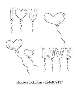 Lovely flying balloons in heart shape letters I LOVE YOU in black isolated on white background. Hand drawn vector sketch illustration in doodle engraved vintage outline style. Valentines day, surprise