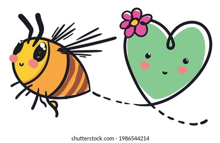 Lovely flying bee with green cute heart wearing a tiny flower, promoting conservation efforts for the bees.