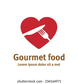 Lovely Food Logo Template. Fork And Knife Silhouettes With Heart Shaped Background.