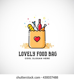 Lovely Food Paper Bag With Heart Symbol, Bread, Wine, Fish, Etc. Abstract Vector Logo Template. Shopping Or Delivery Sign. Catering Icon. Isolated.