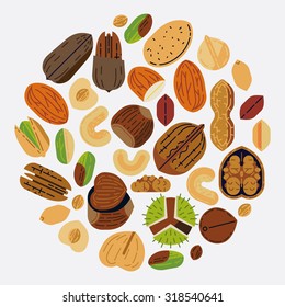 Lovely food and snack themed round composition of various nuts in trendy flat design | Circle food vector background. Ideal for diet brochures, nuts package design and web banners