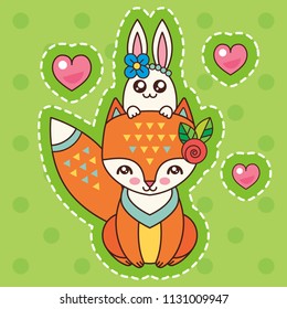 Lovely forest animals. A little rabbit sits on the head of a fox. Best friends. Kawaii style.