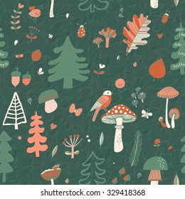 Lovely forest concept seamless pattern with trees, birds, bugs, flowers and leafs. Stylish background in popular colors. Seamless pattern can be used for wallpapers, pattern fills, web backgrounds