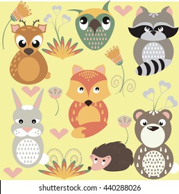 Lovely forest dwellers. Animals on the decorative background with different elements of the forest