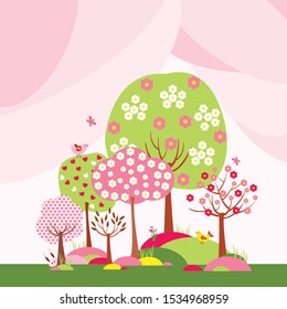 Lovely forest landscape. Green trees in blossom, cute animals and colorful flower ornaments on pink sky background. Beautiful fairytale world concept. Cartoon design for kids. Flat vector illustration