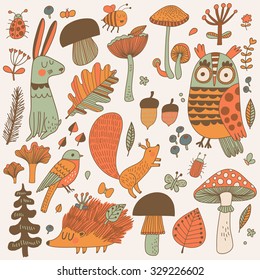 Lovely forest set with lovely wild animals : rabbit, deer, hedgehog, squirrel, owl and birds. Stylish natural background with birds and animals in trees, mushrooms, leafs and insects in autumn colors