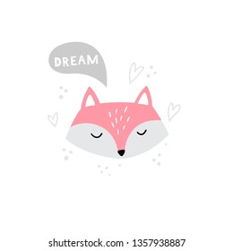 Lovely Fox Face. Hand-drawn cartoon illustration with text. Vector. Good for children's games, t-shirt, books or cards.
