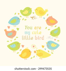 Lovely frame with cartoon childish cute birds, leafs, hearts and tree branches. Vector background in modern colors.
