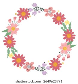 A lovely frame of flowers in a round shape. A simple botanical wreath for a greeting card and spring celebration.