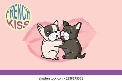 Lovely French bulldog cartoon in love and kissing