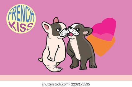 Lovely French bulldog cartoon in love and kissing