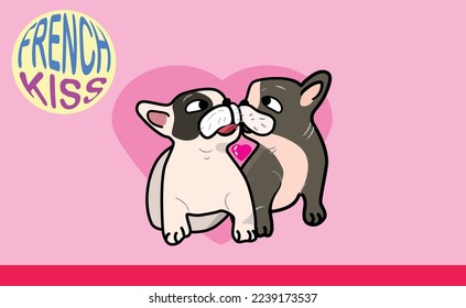 Lovely French bulldog cartoon in love and kissing