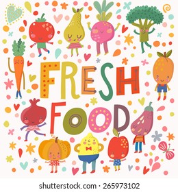 Lovely fresh food concept card with sweet fruits and vegetables in vector. Tasty lemon, apple, eggplant, apricot, broccoli, beet, pear, tomato, carrot, pomegranate and pumpkin in funny cartoon style