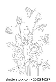 lovely fresh roses flowers with flying butterflies for your coloring book