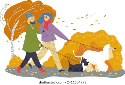 Lovely friend woman couple walking with dog, autumn windy weather outdoor stroll cartoon vector illustration, isolated on white. Cooler meteorological fall period, female character girlfriend.