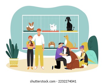 Lovely friendly family adopt dog pet, hound kennel area, character father, kid petting animal flat vector illustration, isolated on white.