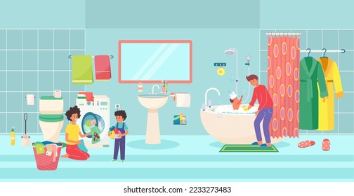 Lovely friendly family preparation sleep in bathroom, father wash children kid, mother with child laundry flat vector illustration.