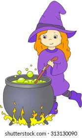 Lovely friendly witch with red hair brews a potion in a cauldron. Vector cartoon illustration for Halloween