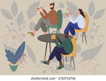 Lovely friends having cup of tea or coffee in cafe in front of table and plant. Flat modern vector illustration design. Friendship, family, love, tenderness, fun concept. Floral background
