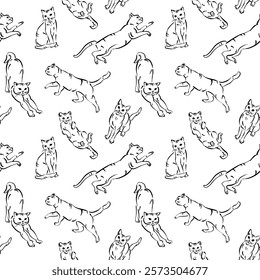 Lovely Funny Cat Puppy Seamless Vector Pattern, Monochrome Outline Illustration for Cats Moms  