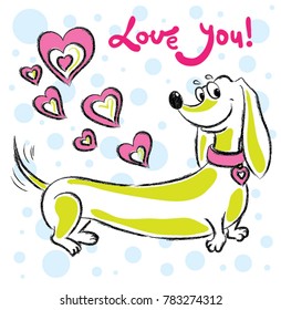 Lovely funny cute dachshund dog. Greeting card for St. Valentine's Day. Vector.