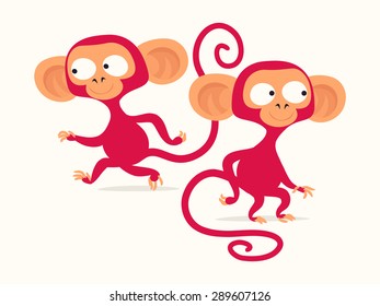 Lovely and funny vector monkey characters with large ears walking and standing full length. Ideal as mascot decorative element for graphic and web design