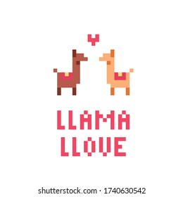 Lovely game art postcard with pixel lama on white background