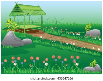 lovely garden with bamboo hut vector design