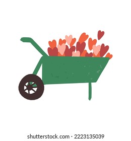 Lovely garden barrow or farm wheelbarrow full of hearts. Love symbol, romantic concept. Cute retro-style Valentine's Day vector isolated illustration.