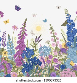 Lovely Garden. Border. Vintage illustration. Spring and summer garden flowers svg