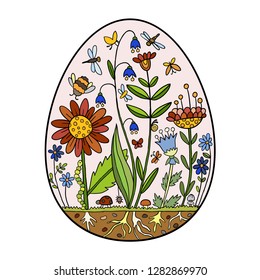 Lovely garden with cute insects, flowers bells, sunflower. Colored illustration in egg shaped, Easter thematic. Vector design element.